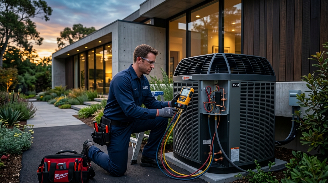 Professional WeCool HVAC technician servicing air conditioning system